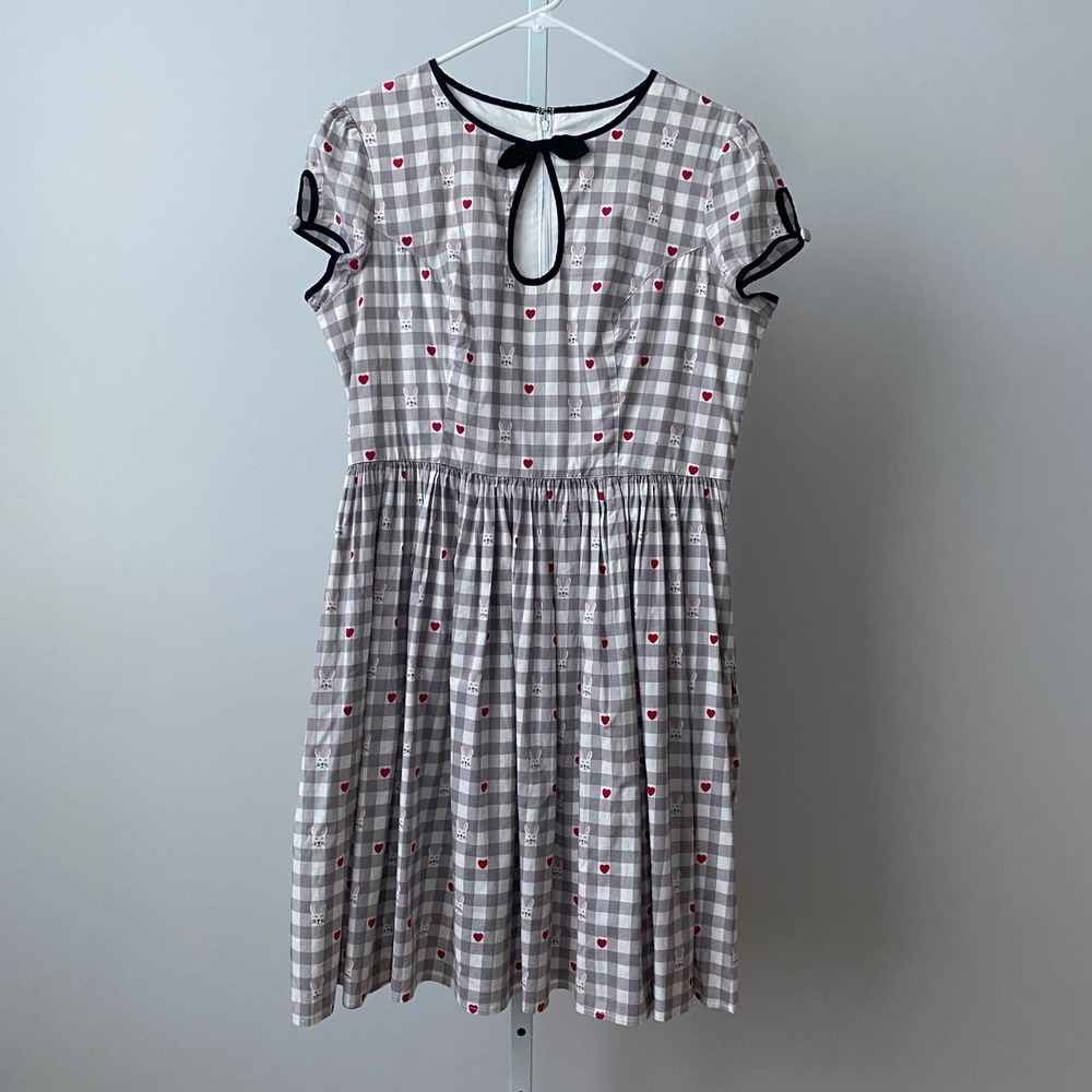 Hell Bunny Cotton Quirky Babydoll Gingham Bunny Heart Fit & Flare Dress L Grey